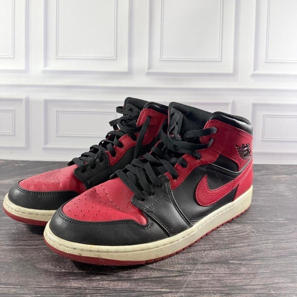 Jordan 1 Mid Banned (2020)- black and red with a Nike swoosh Size US 12